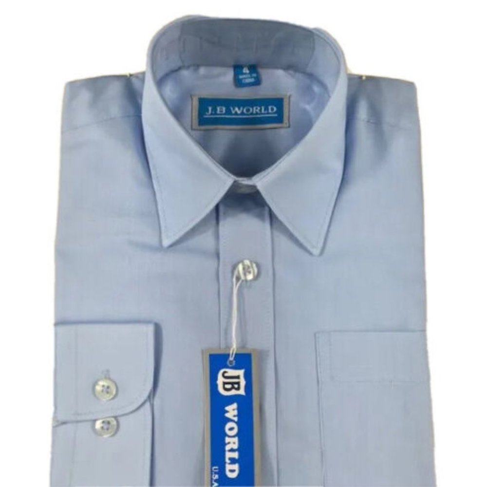JB World Boys Blue Dress Shirt Long Sleeves Pocket Sizes 4 - 10
